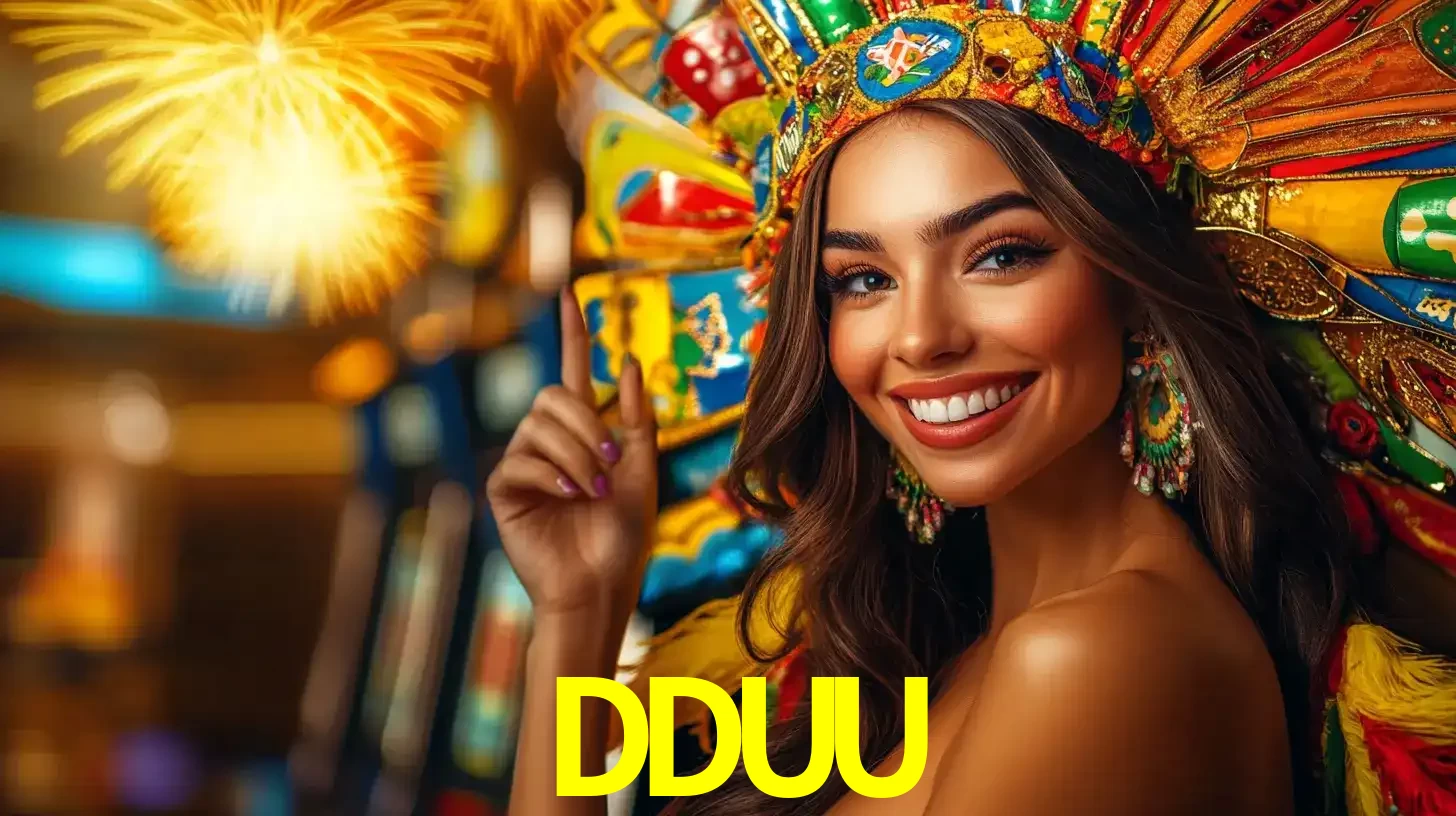 Mulher sorridente com um cocar de carnaval vibrante e colorido, celebrando uma grande vitória nos jogos do cassino DDUU com fogos de artifício ao fundo.