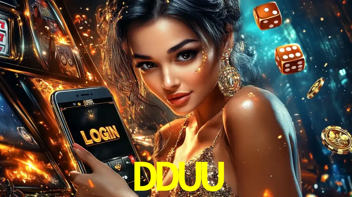 Mulher glamourosa segurando um celular com a tela de login do cassino DDUU, rodeada por dados e moedas douradas, pronta para começar a diversão.