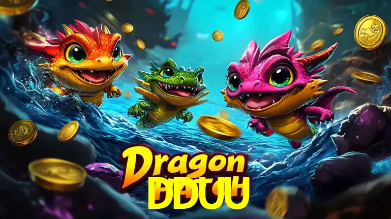 Arte promocional do jogo Dragon Hatch com três adoráveis dragões bebês nadando entre moedas de ouro, um dos slots mais divertidos para jogar no cassino DDUU.