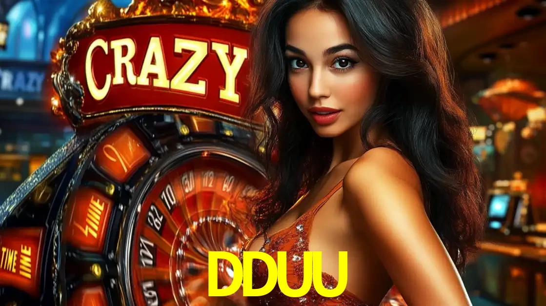 Mulher glamourosa olhando para a câmera com a roda vermelha do Crazy Time ao fundo em um ambiente de cassino, destacando a emoção dos jogos ao vivo no DDUU.