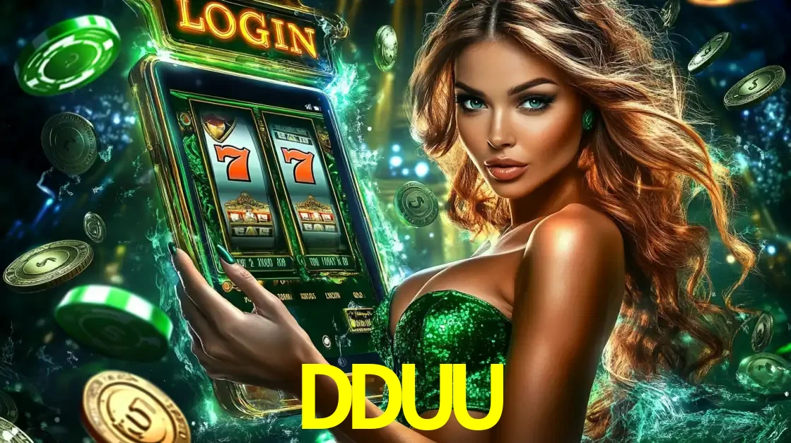 Mulher com tema verde apresentando o aplicativo do cassino DDUU com um jogo de slot de 777, cercada por fichas de cassino e uma aura de sorte.