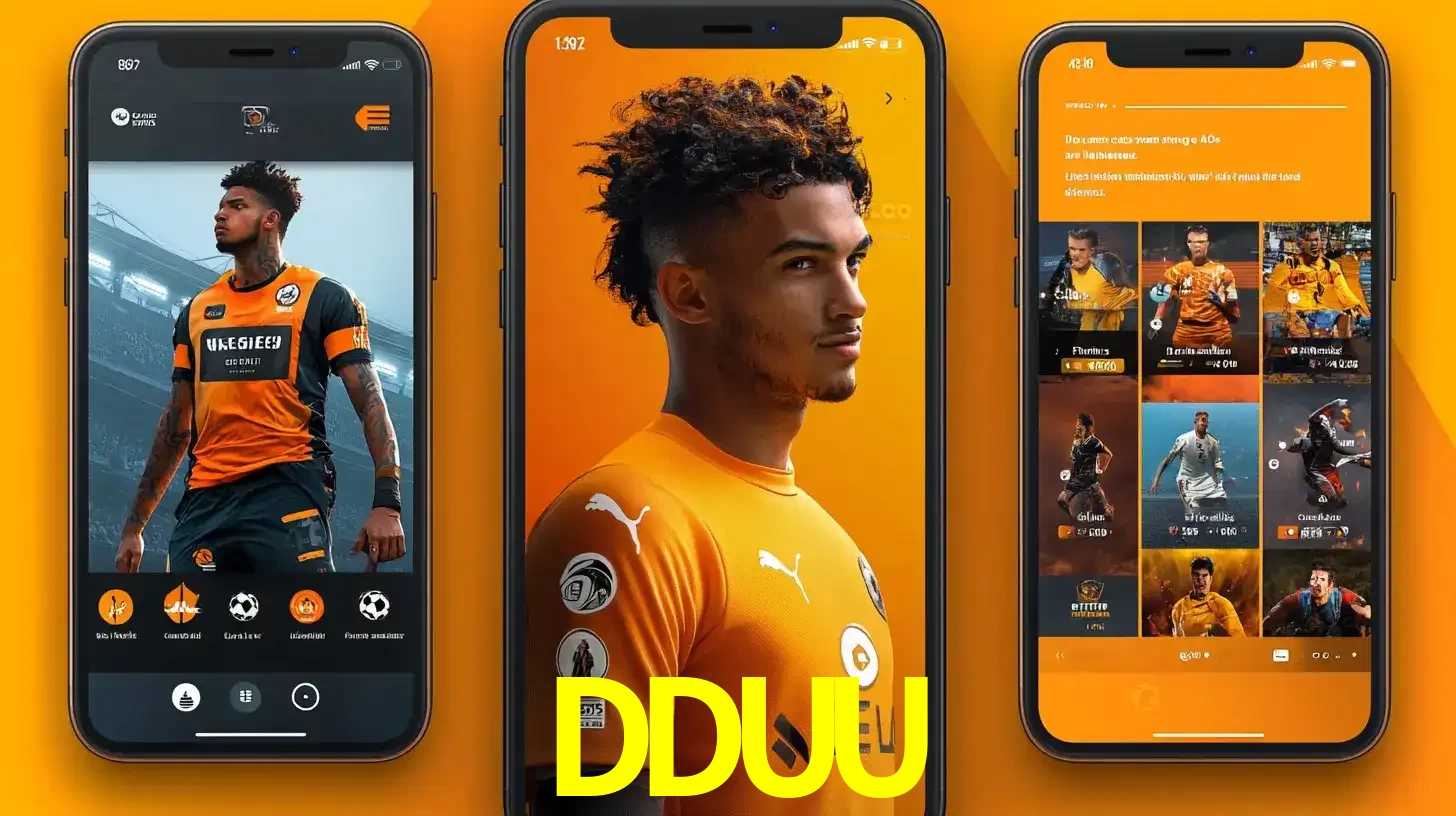 Interface do aplicativo de apostas esportivas DDUU em três telas de celular, mostrando o perfil de um jogador de futebol e a lista de jogos disponíveis para apostar.