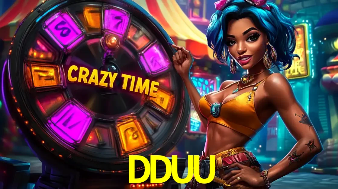 Mulher estilizada com cabelo azul e visual vibrante posando ao lado da roda de prêmios do game show Crazy Time, convidando para a diversão e os bônus do cassino DDUU.