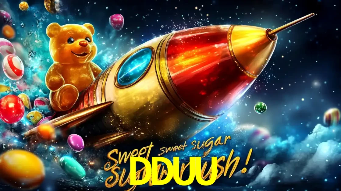 Arte promocional do jogo de slot Sugar Rush, com um urso de pelúcia em um foguete viajando pelo espaço de doces, um dos jogos divertidos disponíveis no cassino DDUU.