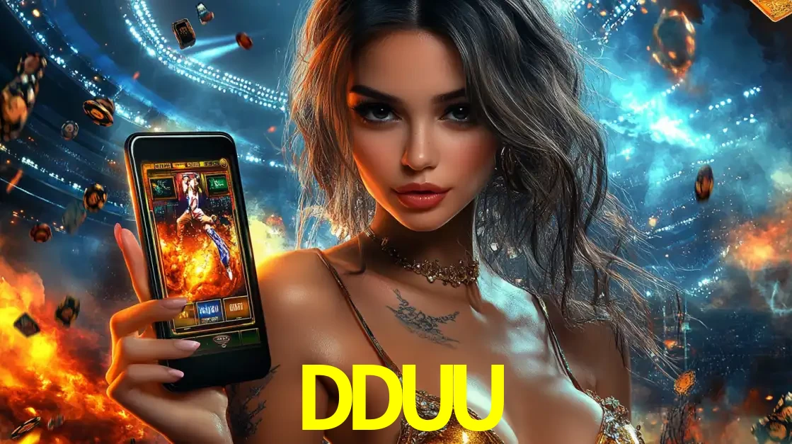 Mulher segurando um celular com um jogo de slot em destaque, tendo como fundo um estádio vibrante, simbolizando a emoção de jogar no cassino móvel DDUU.