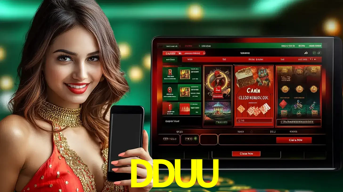 Mulher sorridente segurando um smartphone, ao lado de uma tela exibindo o lobby de jogos do cassino online DDUU, com várias opções de jogos de cartas e slots.